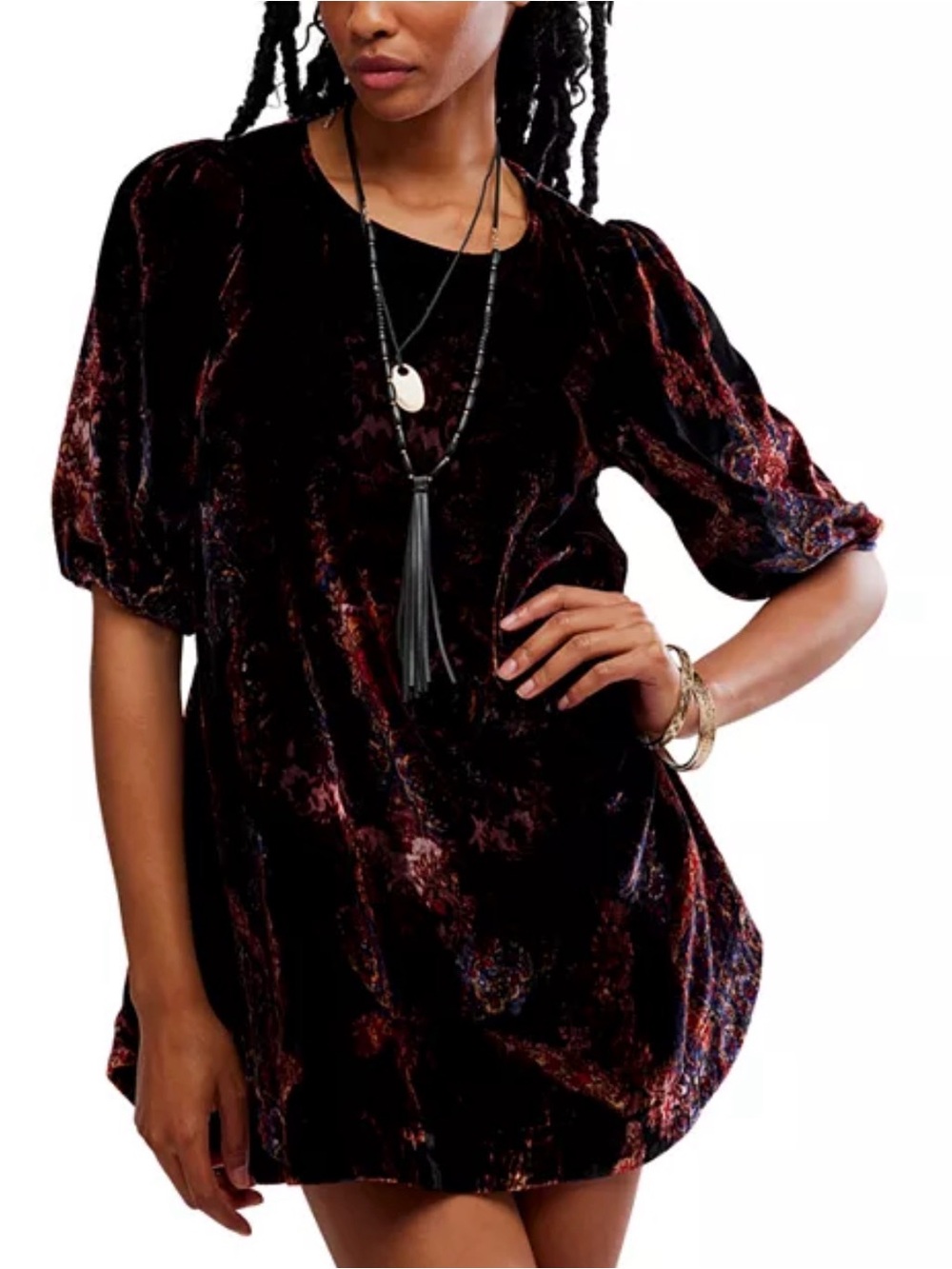Free People Maye Printed Velvet Tunic in a black and maroon paisley